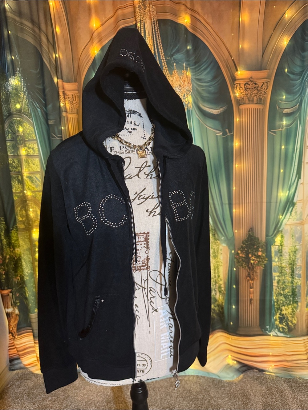 BCBG Black Rhinestone Logo Zip Hoodie Jacket with Pockets NWT